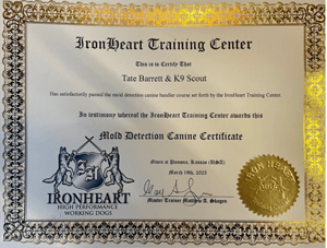 Mold dog detection training certificate.
